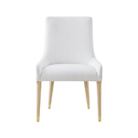 White upholstered chair, front view with gold accents.