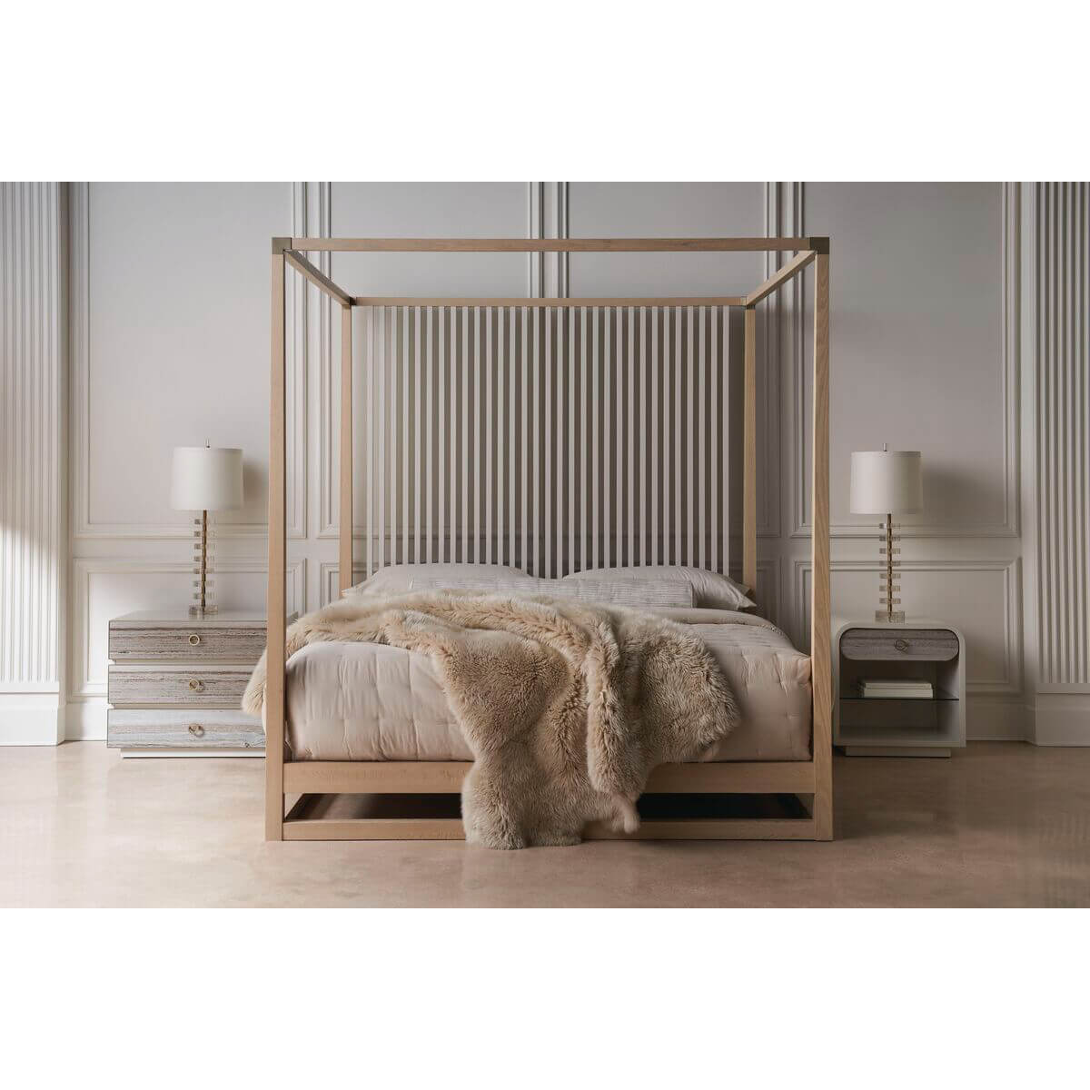 Canopy bed in elegant bedroom, nightstands, soft lighting.