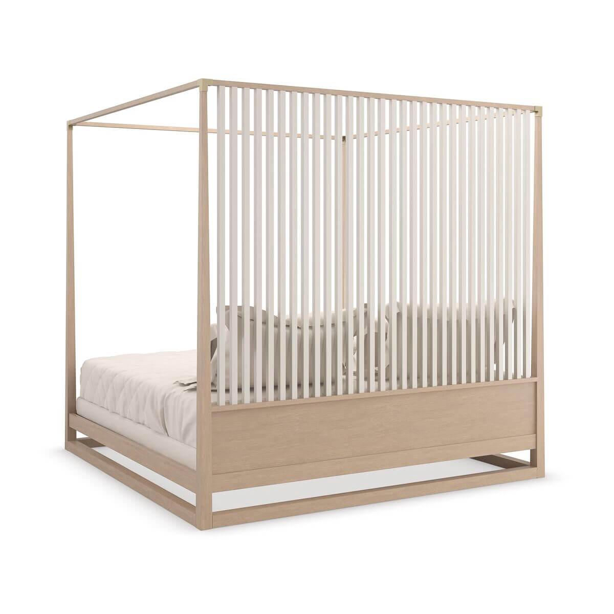Rear angled view, canopy bed, wooden frame, white slats.