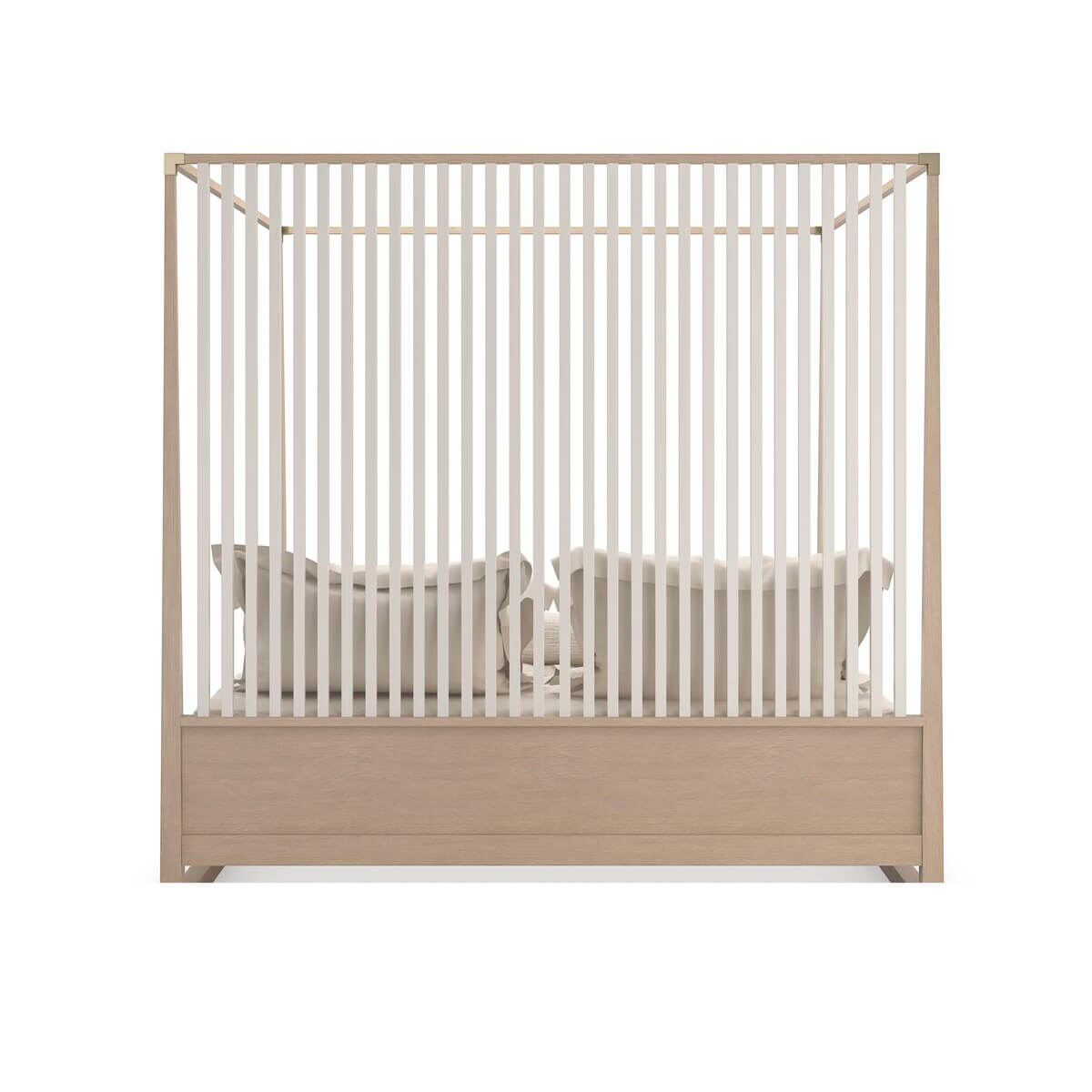 Back view, canopy bed, wooden frame, vertical slats.