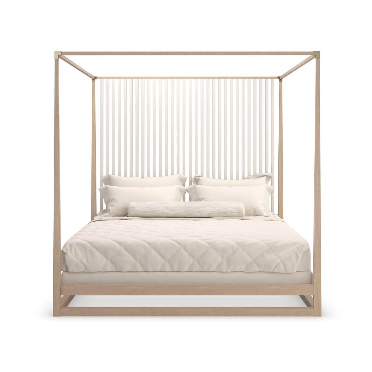 Front view of light mid-century canopy bed, pillows displayed.