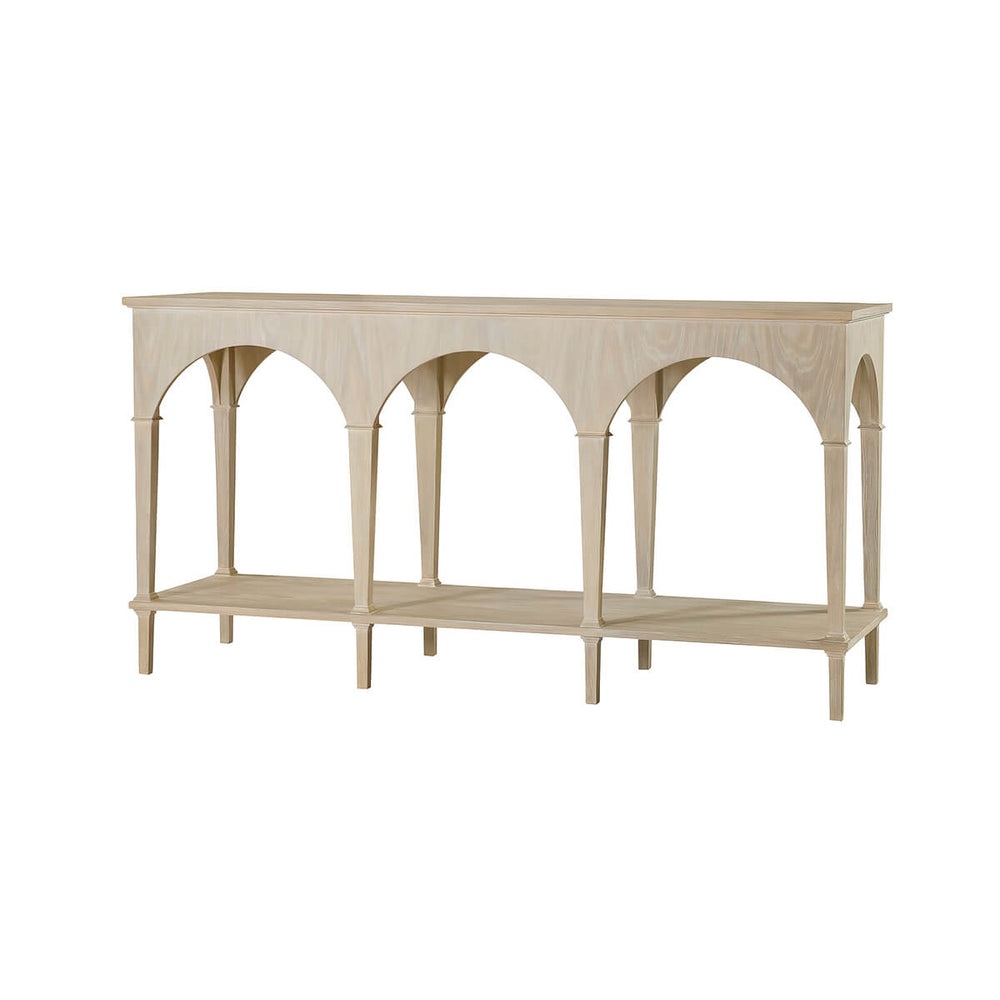 Light wood modern console table with arch details.