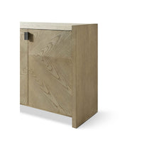 Corner detail of light modern storage console highlighting texture.