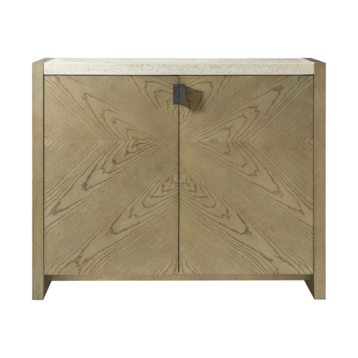 Front view of light modern storage console with patterned doors.