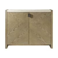 Front view of light modern storage console with patterned doors.
