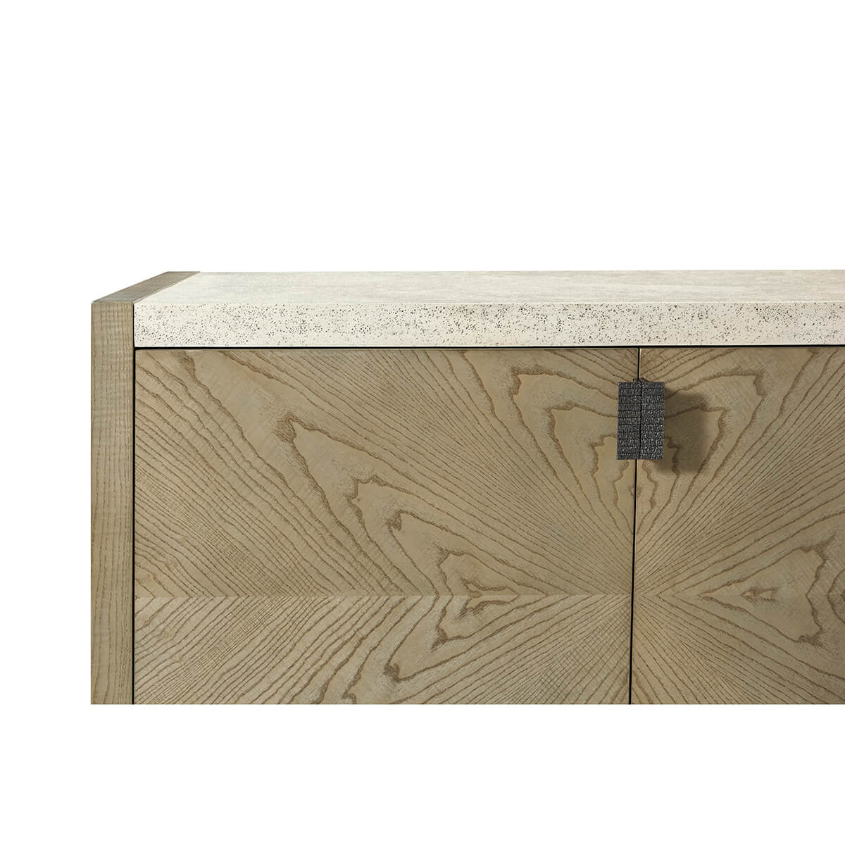 Door close-up of light modern storage console with handle detail.