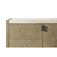 Door close-up of light modern storage console with handle detail.