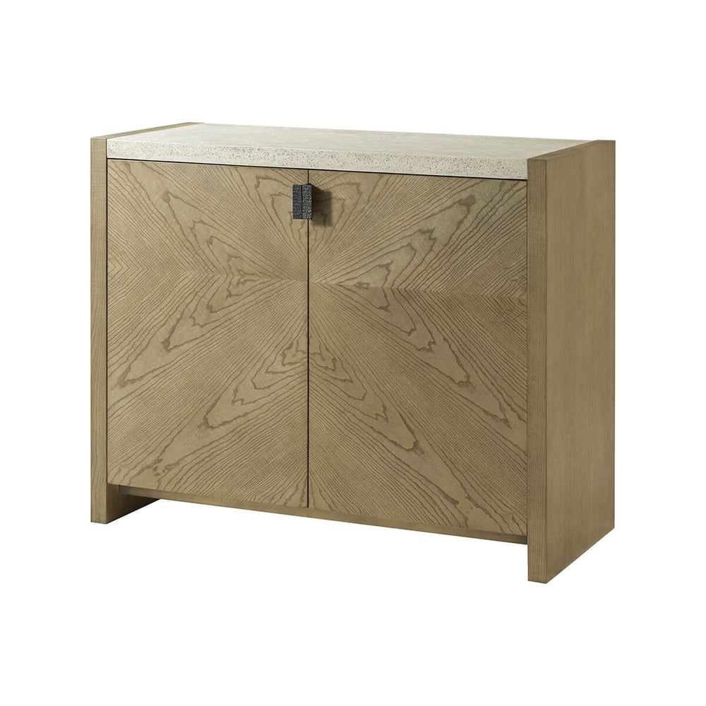 Angled view of light modern storage console with wood design.