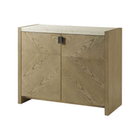 Angled view of light modern storage console with wood design.
