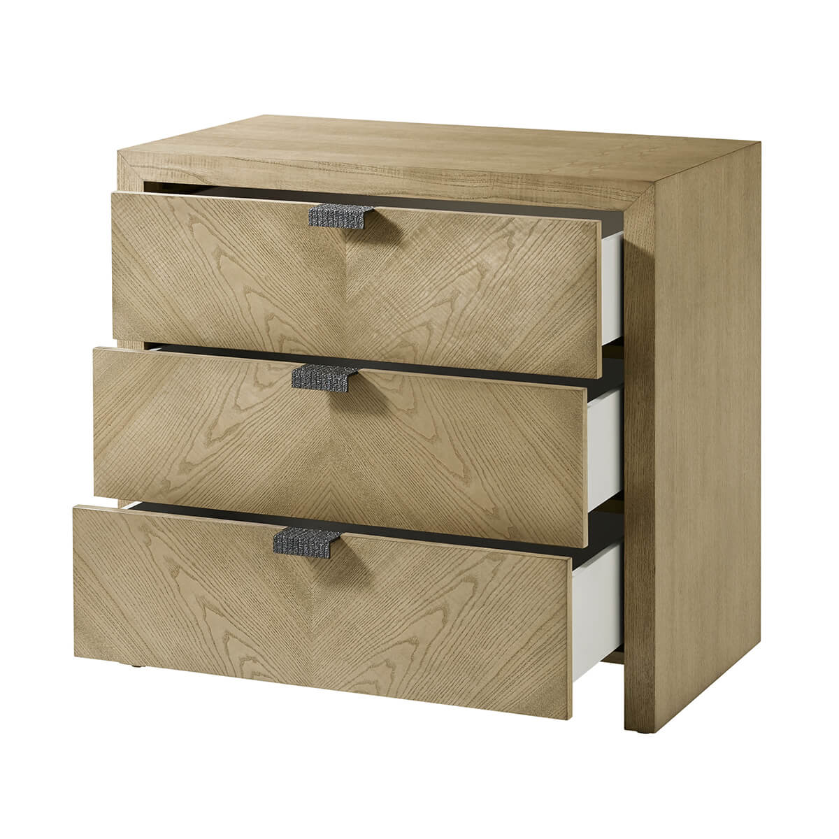 Light modern nightstand with open drawers, angled view.