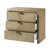 Light modern nightstand with open drawers, angled view.