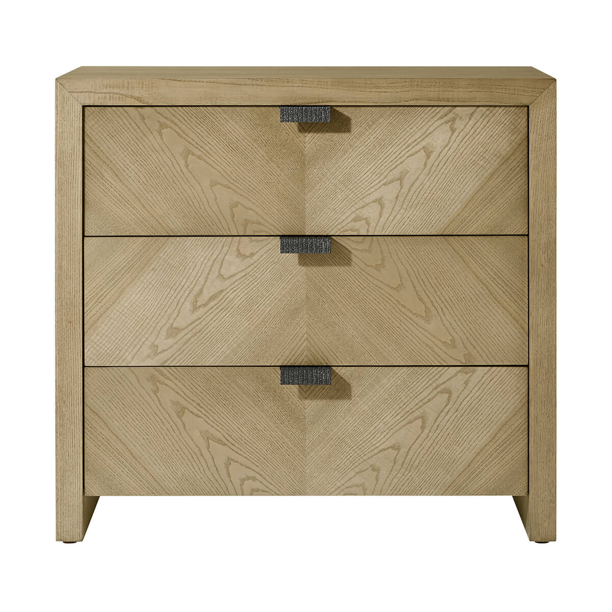 Front view of light modern three-drawer nightstand.