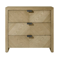 Front view of light modern three-drawer nightstand.