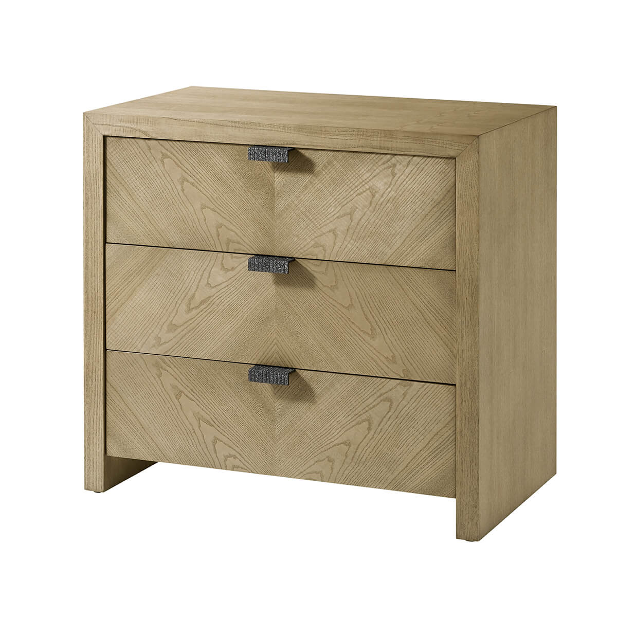Light modern nightstand with three drawers, perspective view.
