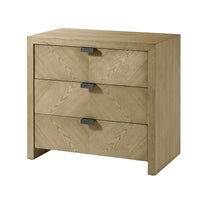 Light modern nightstand with three drawers, perspective view.