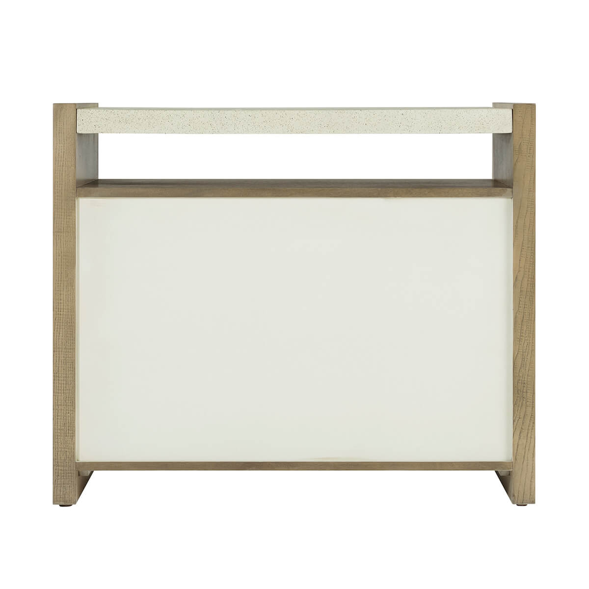 Light modern nightstand, rear view, wood and white finish.