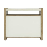 Light modern nightstand, rear view, wood and white finish.