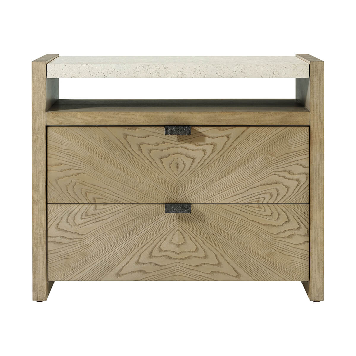 Light modern nightstand, front view, closed drawers.