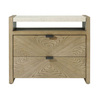 Light modern nightstand, front view, closed drawers.
