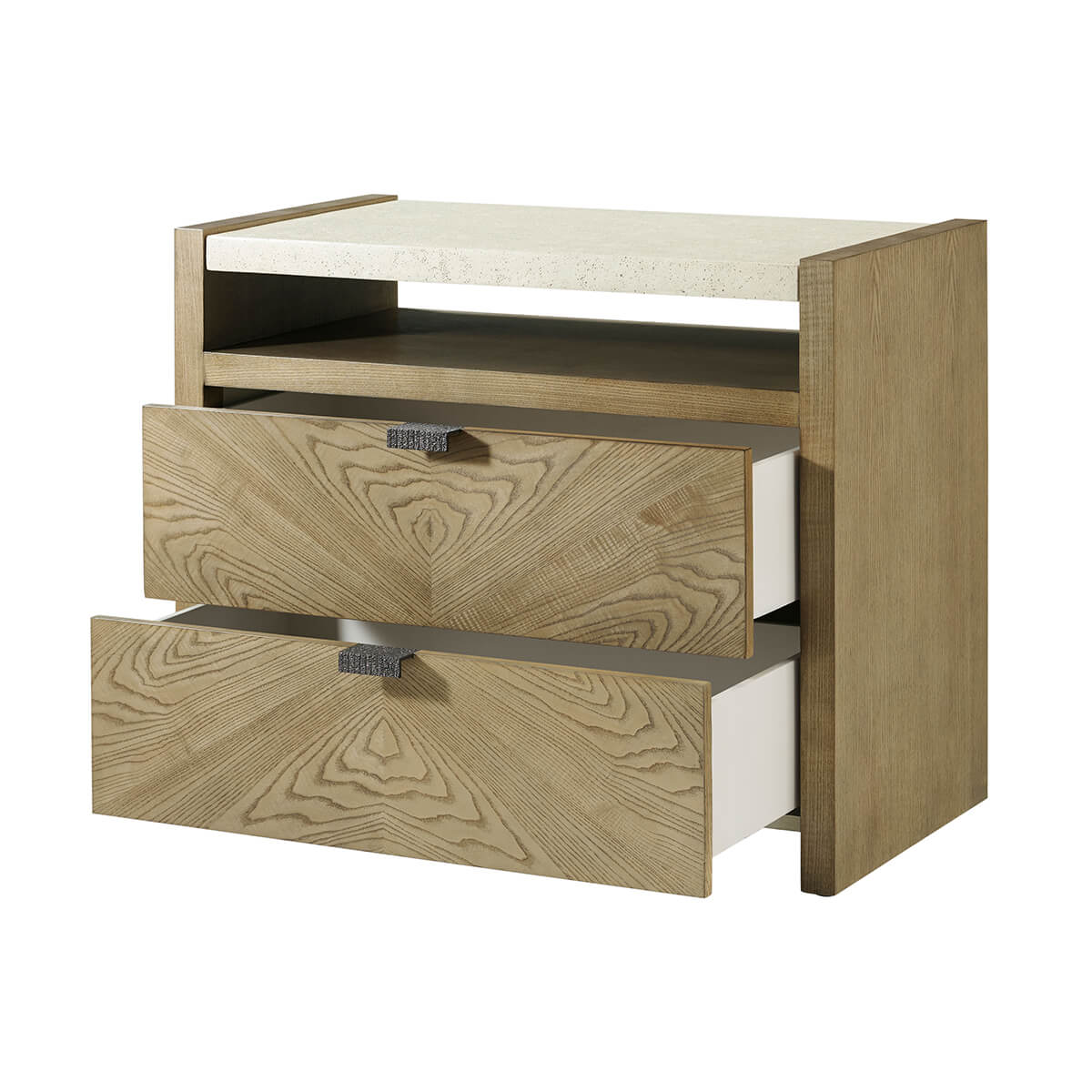 Light modern nightstand, front angle, open drawers displayed.