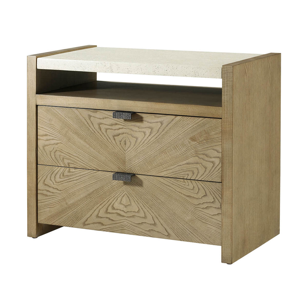 Light modern nightstand, front angle view, two drawers.