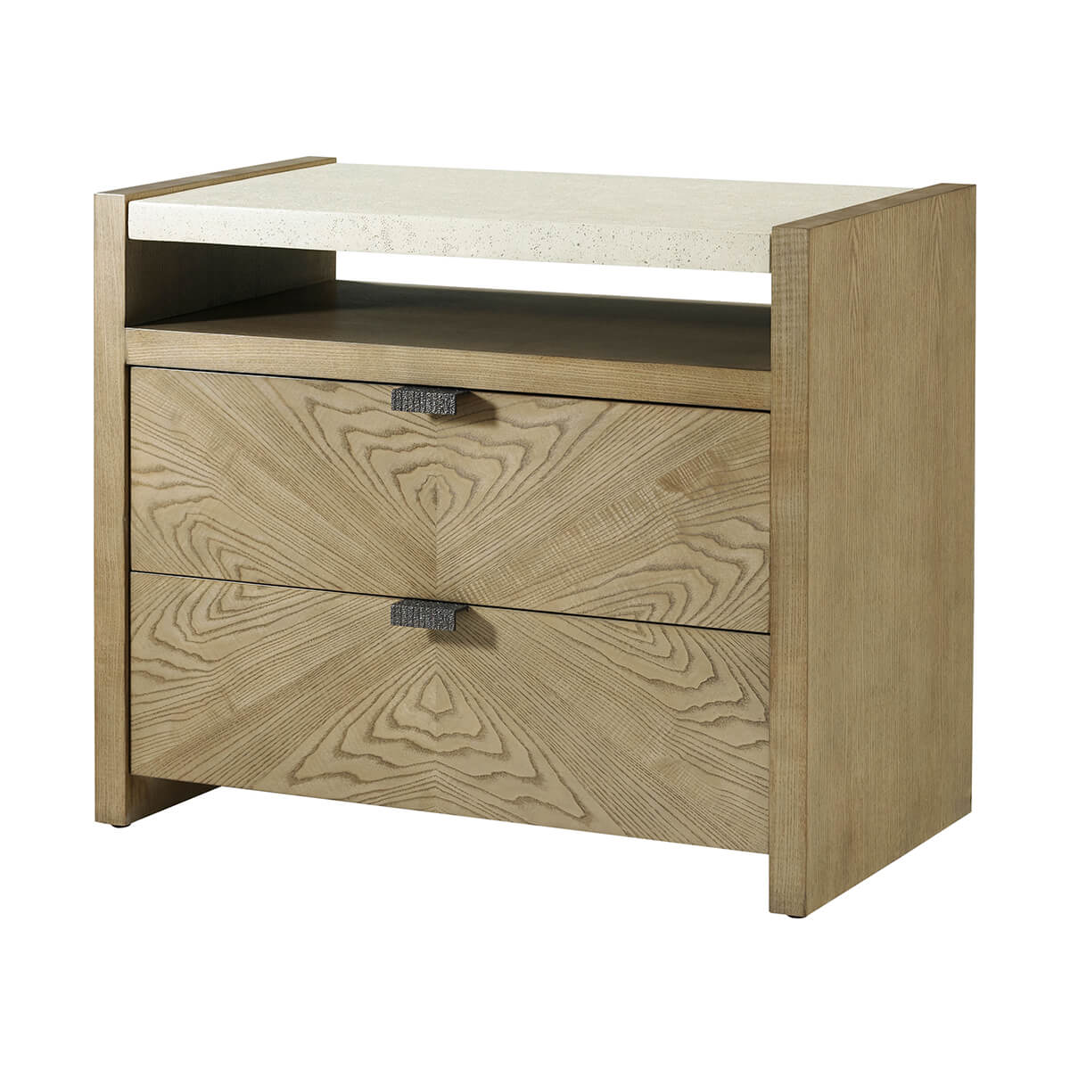 Light modern nightstand, front angle view, two drawers.
