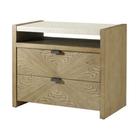 Light modern nightstand, front angle view, two drawers.