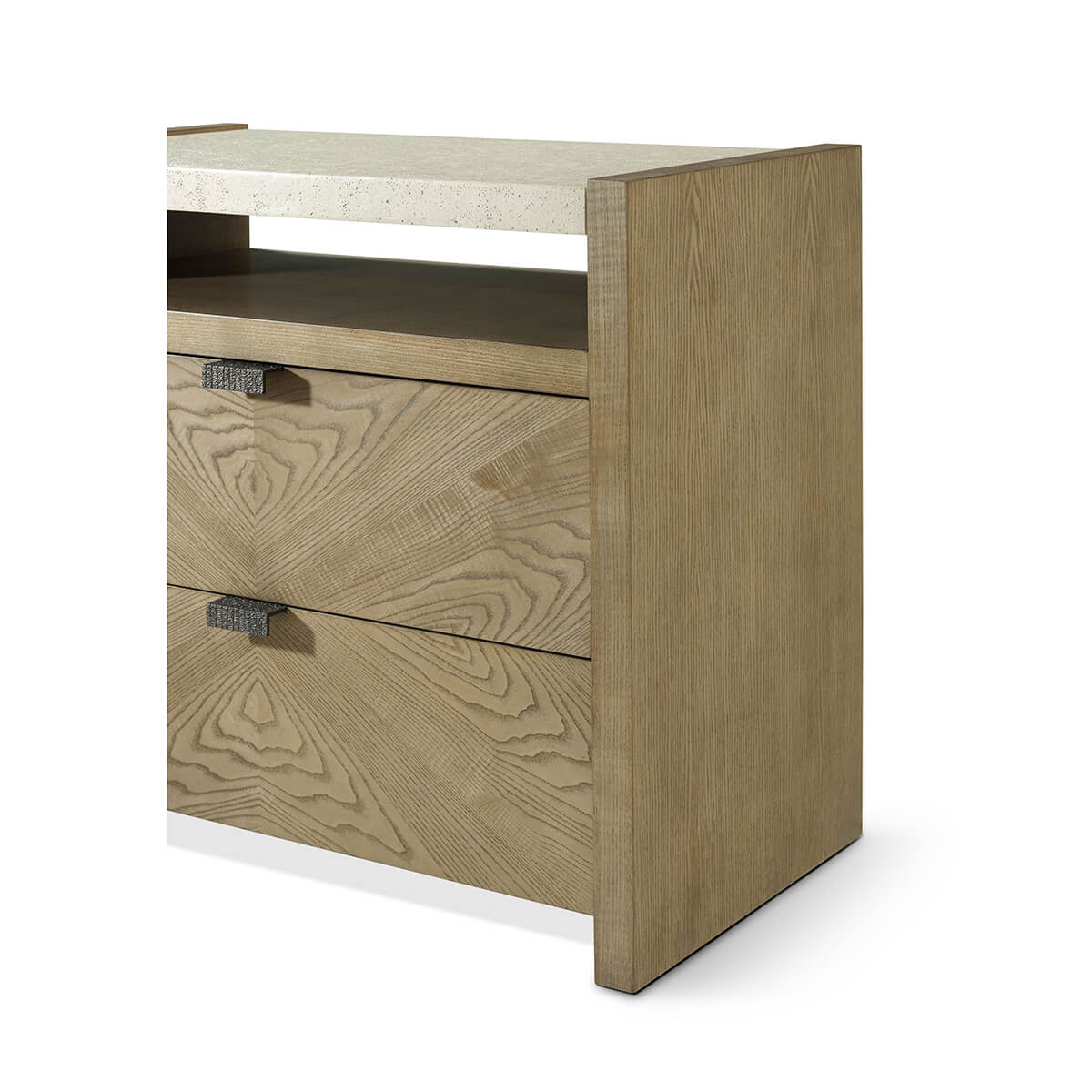 Light modern nightstand, side angle view, two drawers.