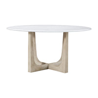Side view of round dining table with unique base.