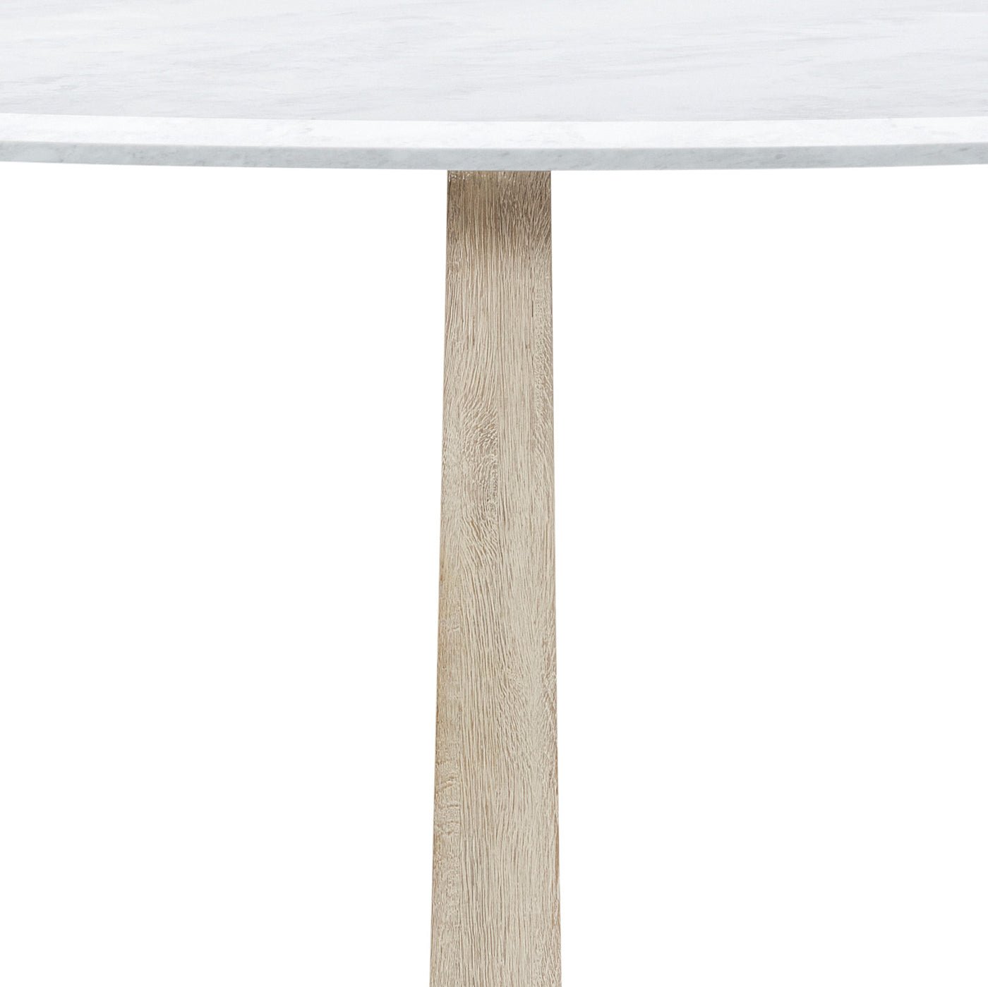 Detail of wooden leg on round dining table.
