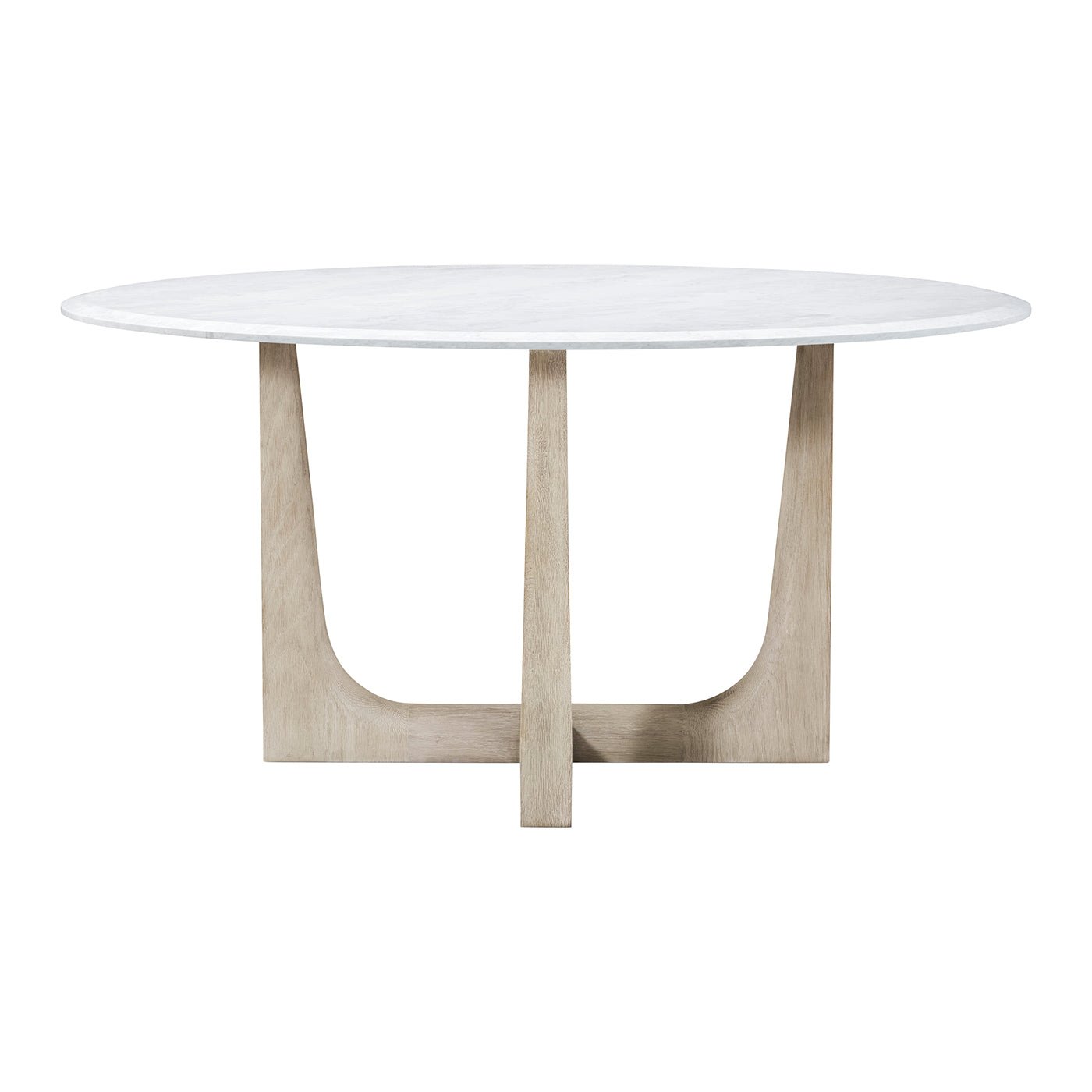 Front view of round dining table with wooden legs.