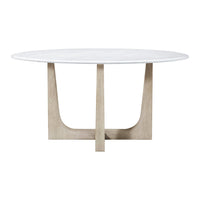 Front view of round dining table with wooden legs.