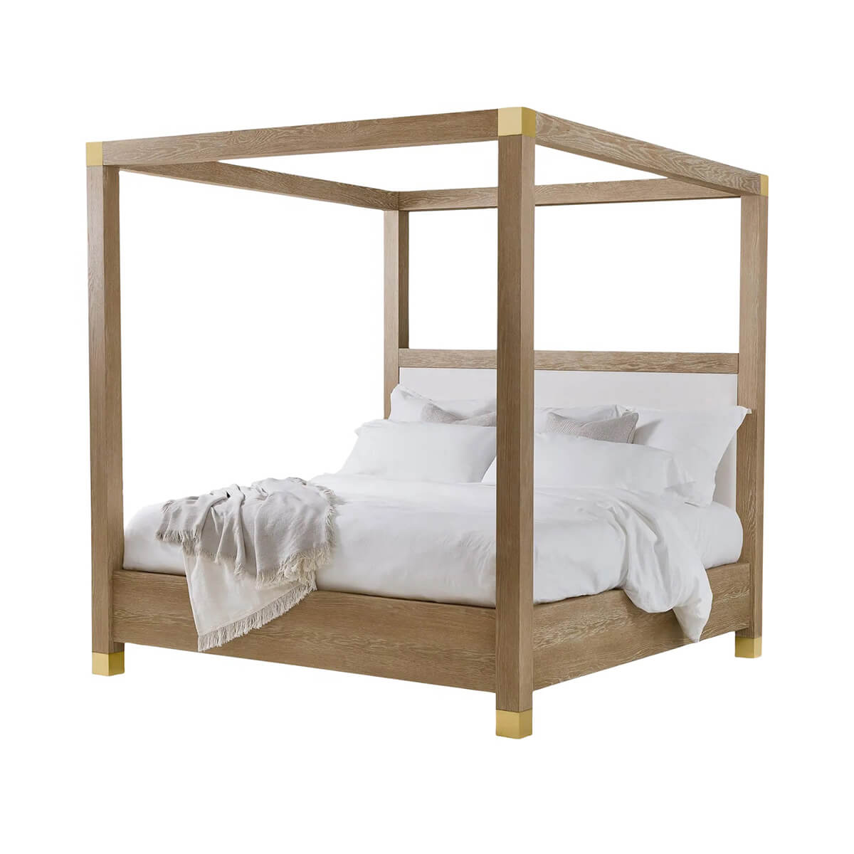 Light oak canopy bed with white linens front view.
