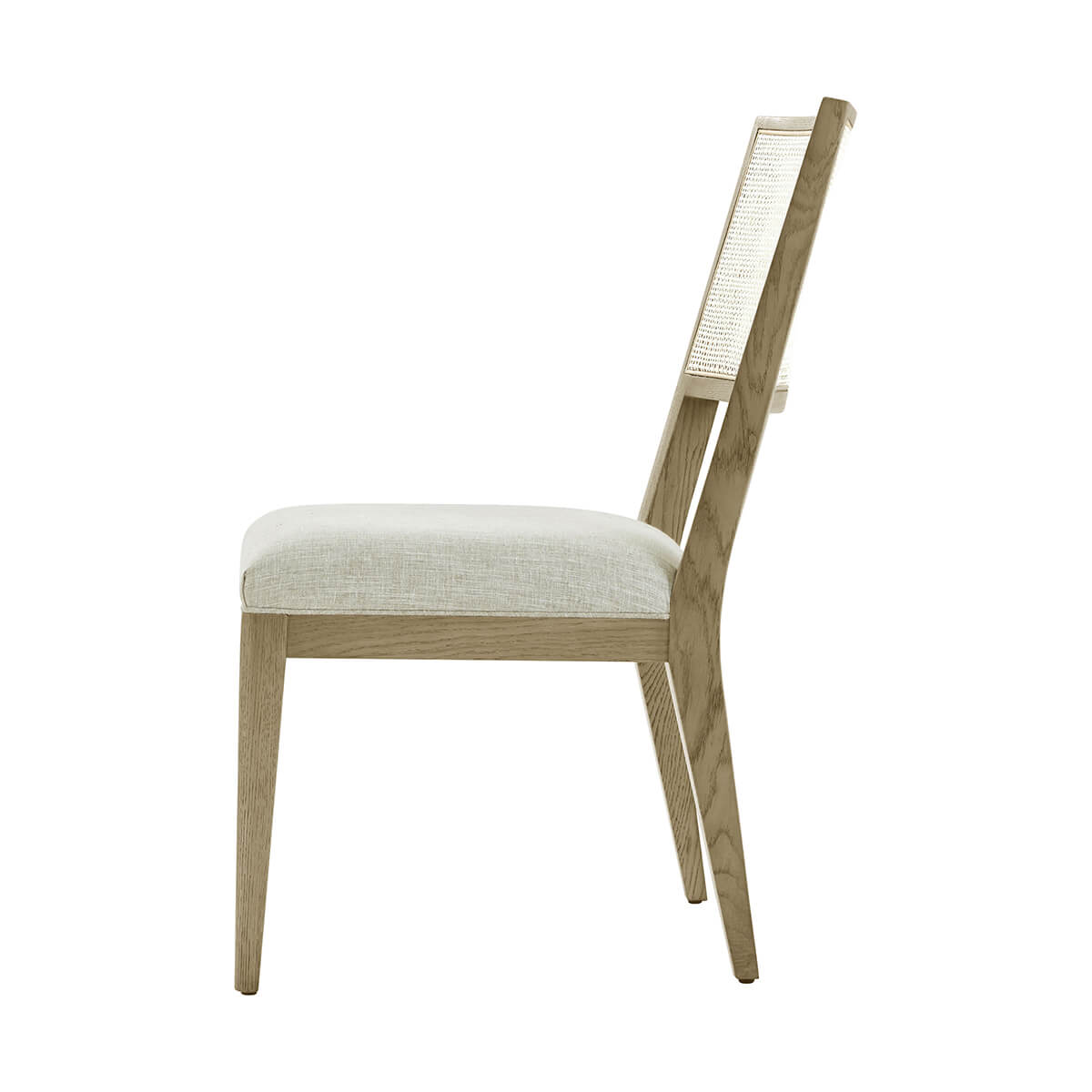 Light oak dining chair side profile, cushion detail visible.