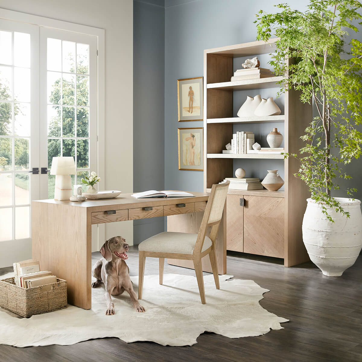 Dining chair at desk in modern home office setup.