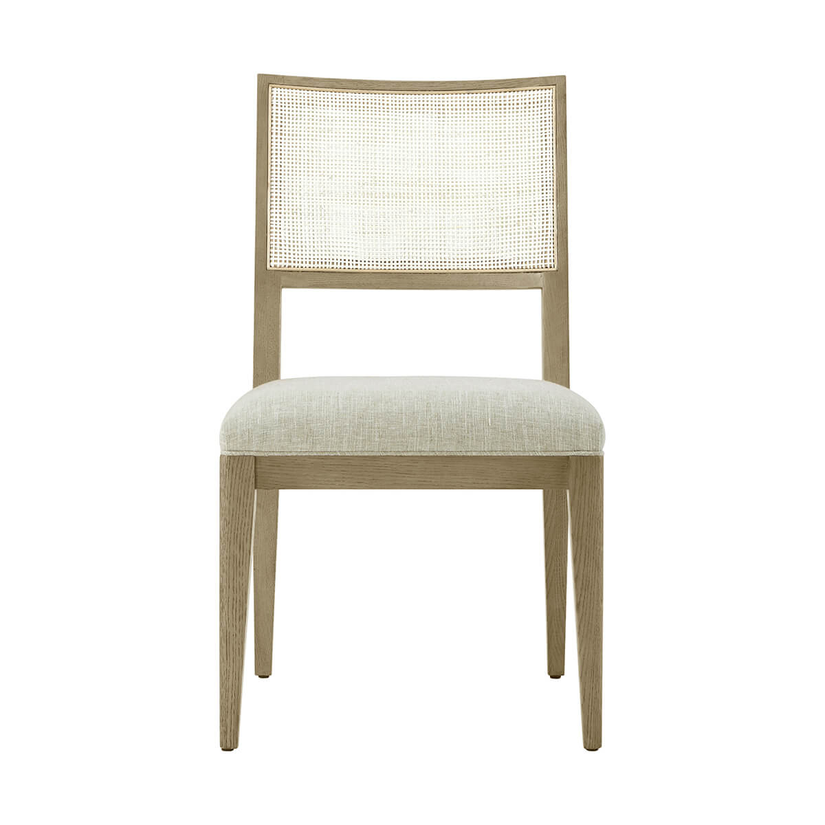 Straight front view of light oak dining chair.