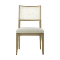 Straight front view of light oak dining chair.