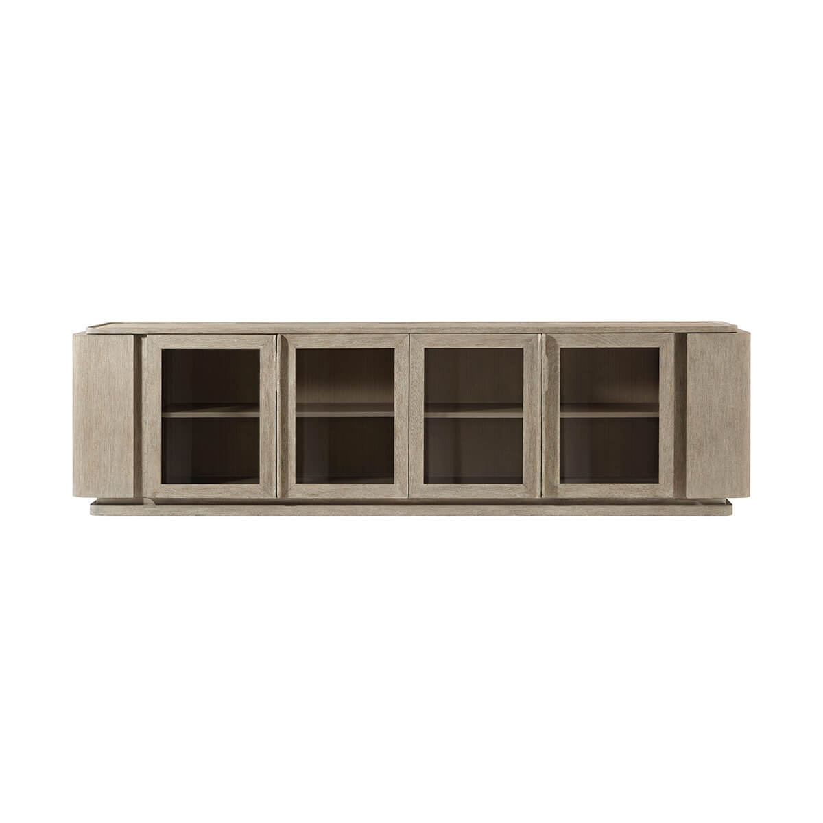 Front closed view of four-door oak media console.