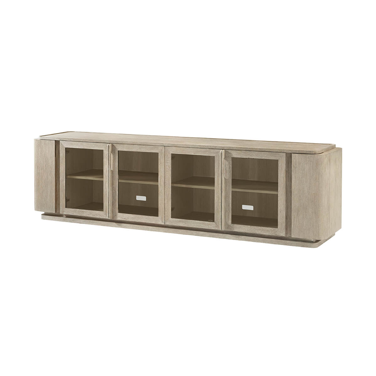 Front view of light oak modern media console.