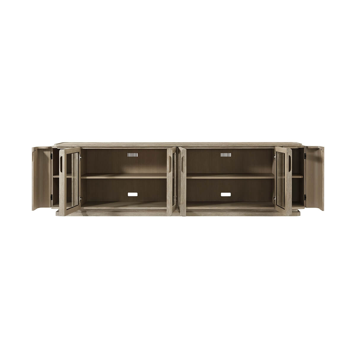 Open cabinets of oak media console with shelves.