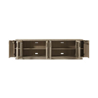 Open cabinets of oak media console with shelves.