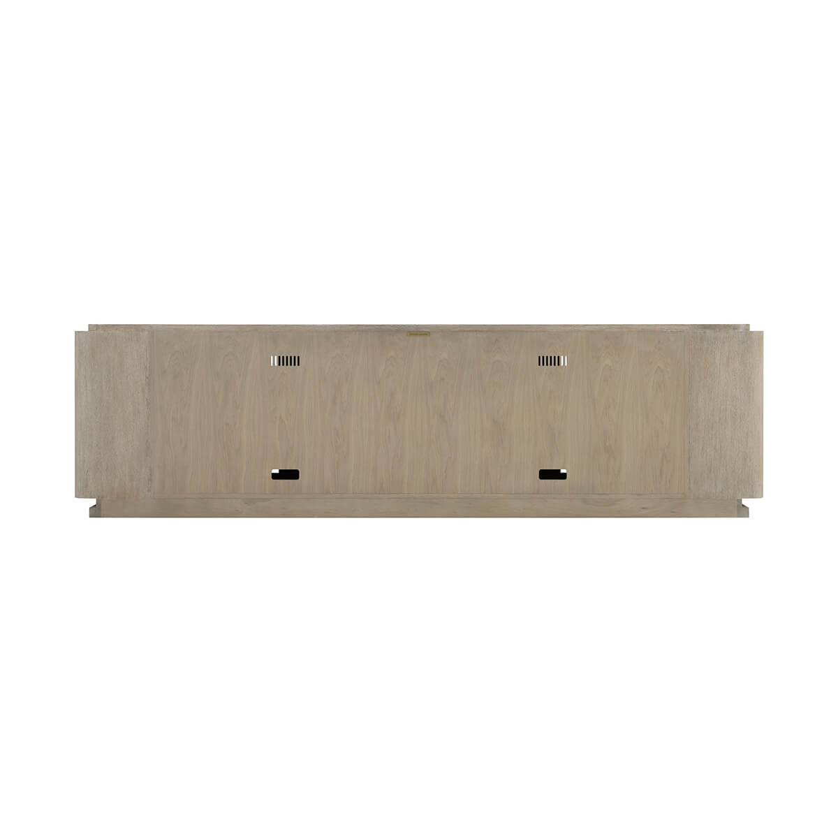 Back view of oak modern media console, ventilation slots visible.