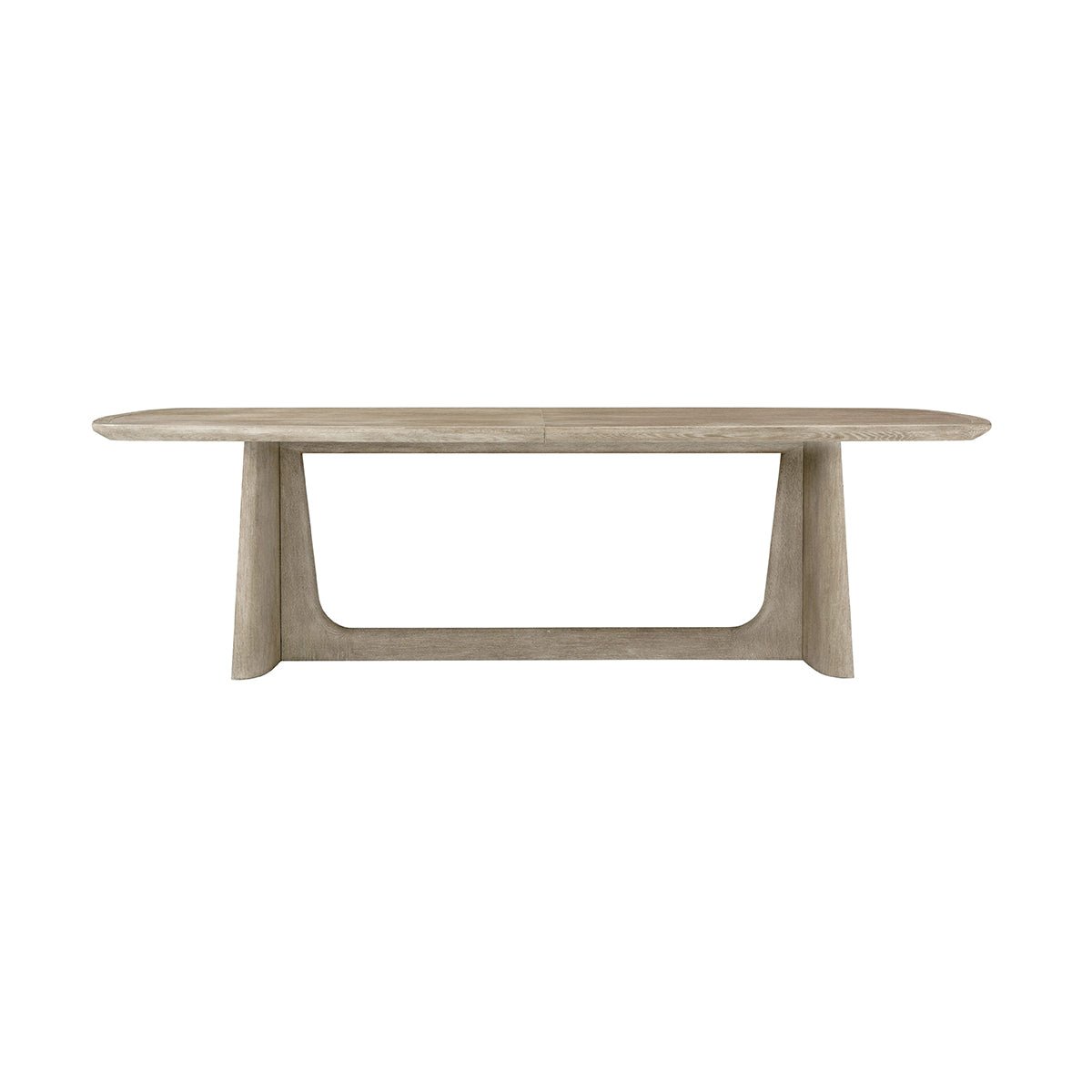 Front view of light oak mid-century dining table.