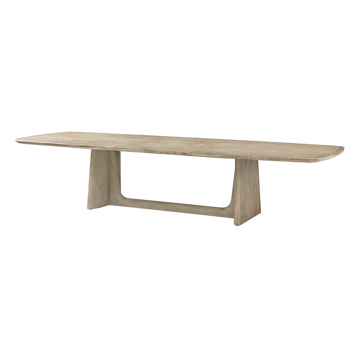 Light oak mid-century dining table angled view.