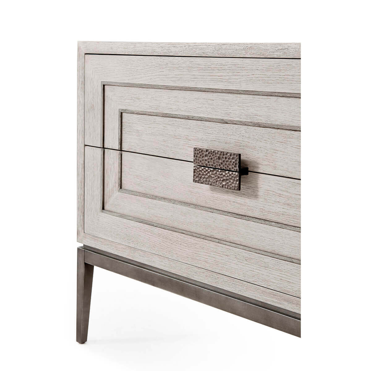Corner detail of mid-century nightstand with handle.
