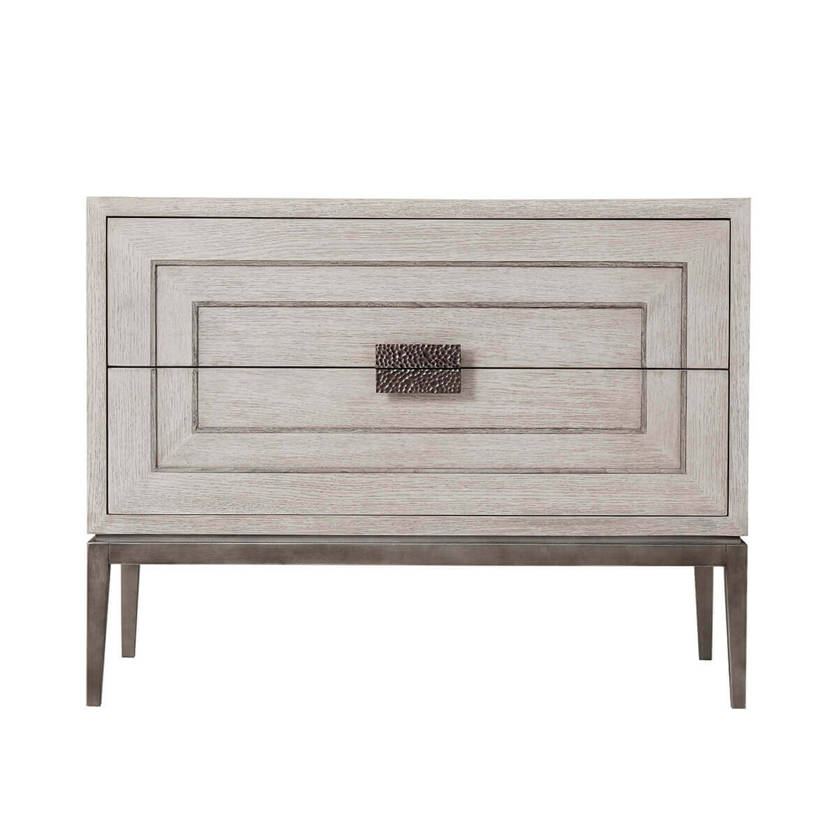 Front view of light oak mid-century nightstand.
