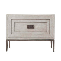 Front view of light oak mid-century nightstand.