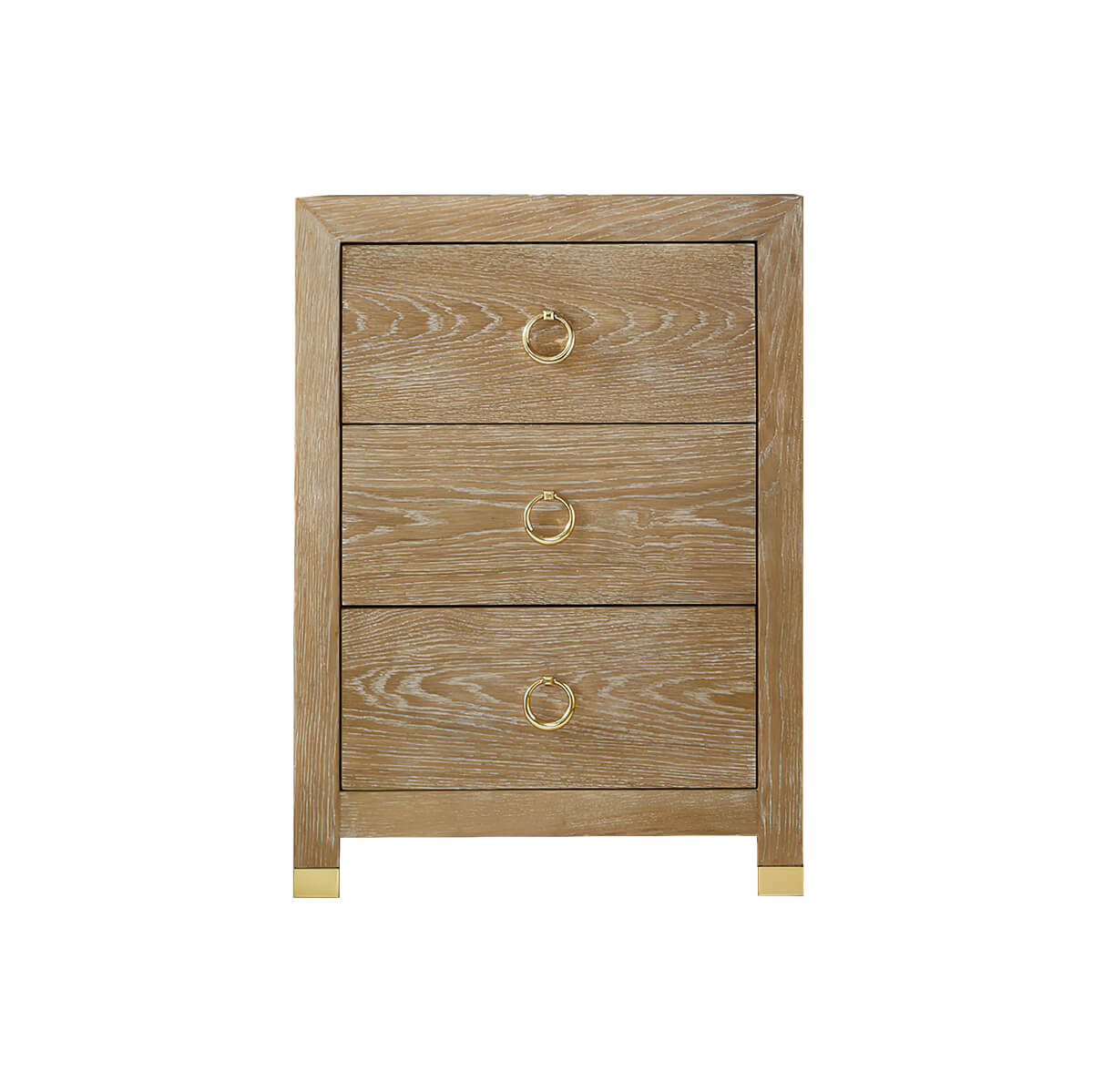 Front view of three-drawer bedside chest.