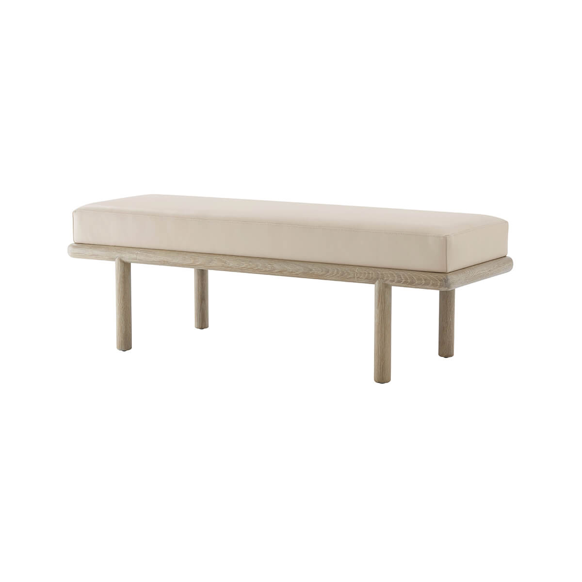 Modern bench, side view showcasing legs and cushion.