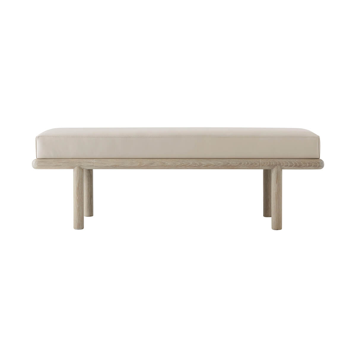 Modern bench, front view highlighting cushion and legs.